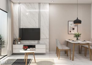 Góc nhỏ phòng khách căn hộ 2 phòng ngủ tone trắng