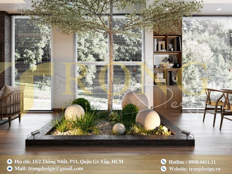 Biệt thự kết hợp tiểu cảnh và giếng trời, mang đến không gian mở đầy thư giãn