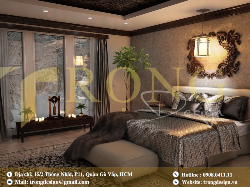 Không gian phòng ngủ sang trọng với nội thất tinh tế, đèn chùm lấp lánh