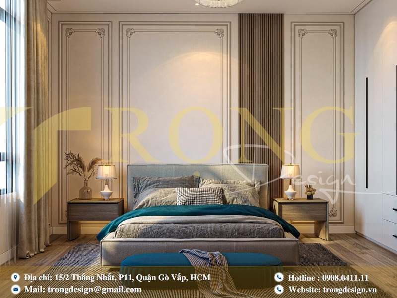 Phòng ngủ phong cách Luxury với giường ngủ bọc da cao cấp, tường ốp đá cẩm thạch