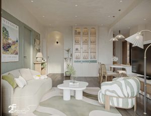 Góc phòng khách căn hộ chung cư phong cách Wabi Sabi Bình Chánh - Trọng Design