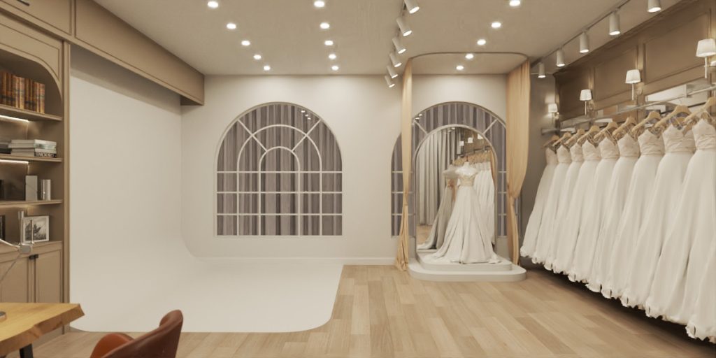 Thiết Kế Studio Váy Cưới lót sàn giả gỗ vintage