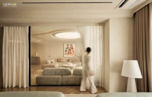 Phòng ngủ 2 giường đối diện phòng khách căn hộ chung cư phong cách Wabi Sabi