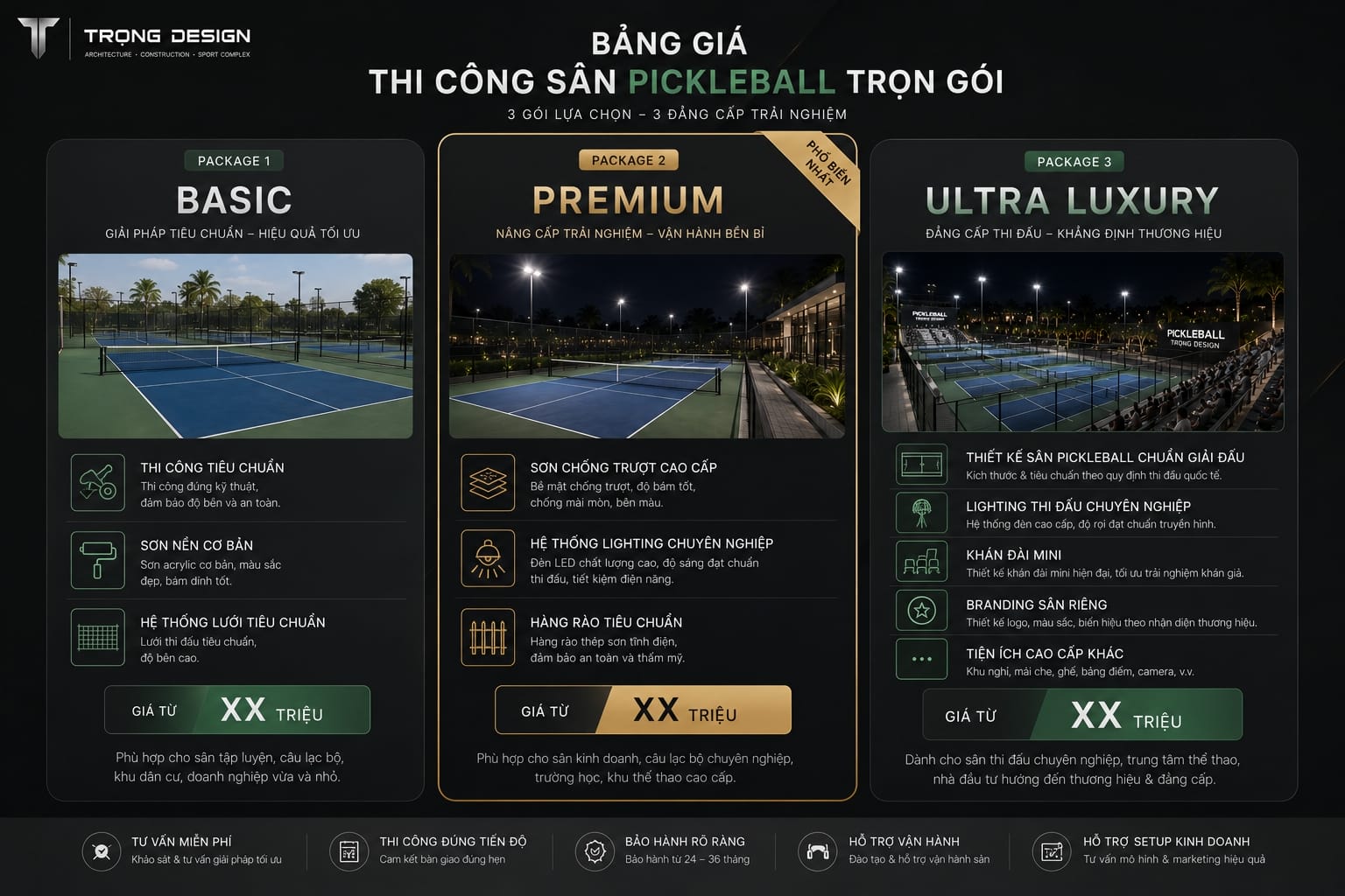 4 Các gói thi công sân Pickle ball tại Trọng Design