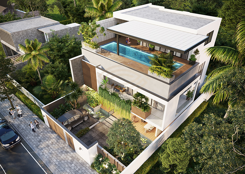 Mẫu nhà tiền chế 2 tầng có hồ bơi