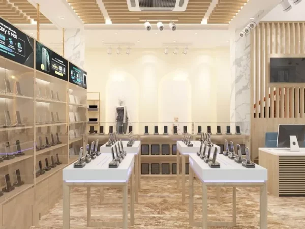 Mẫu thiết kế shop điện thoại bằng gỗ công nghiệp