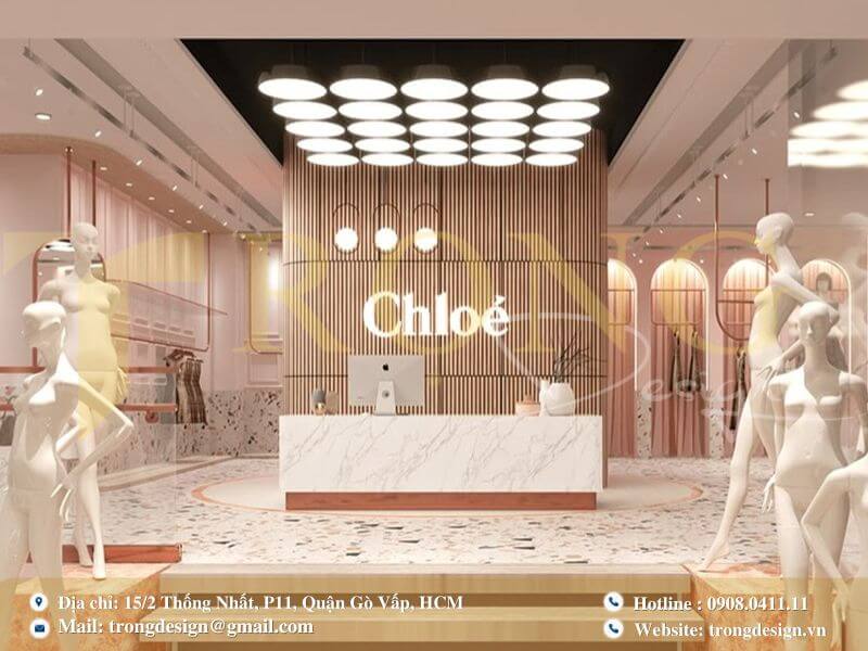 Nội thất cửa hàng với quầy thu ngân bằng đá cẩm thạch