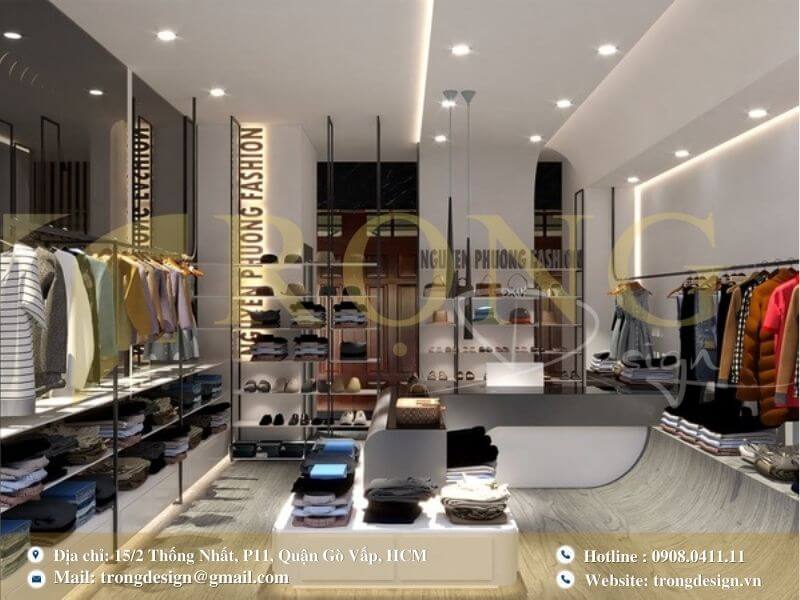 Cửa hàng thời trang với thiết kế hiện đại, sáng sủa và không gian mở.
