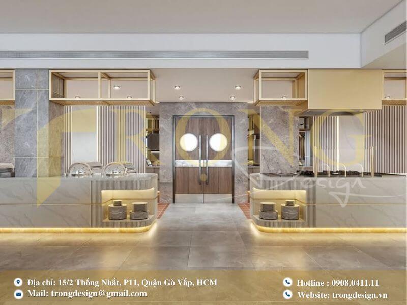 Bếp hiện đại tối giản với đảo bếp liền bàn ăn và thiết kế phẳng.
