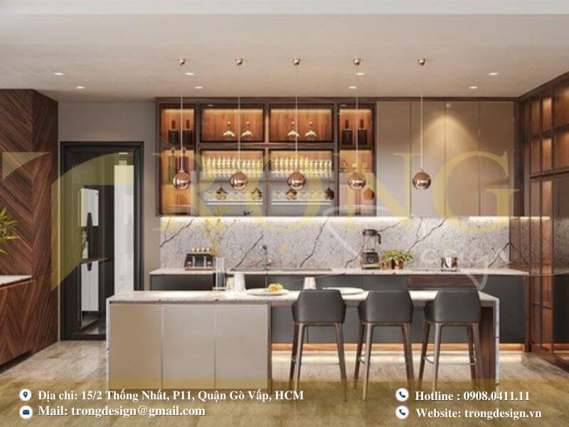 Bếp và khu vực ăn uống hiện đại sang trọng với đá marble trắng và đảo bếp lớn.