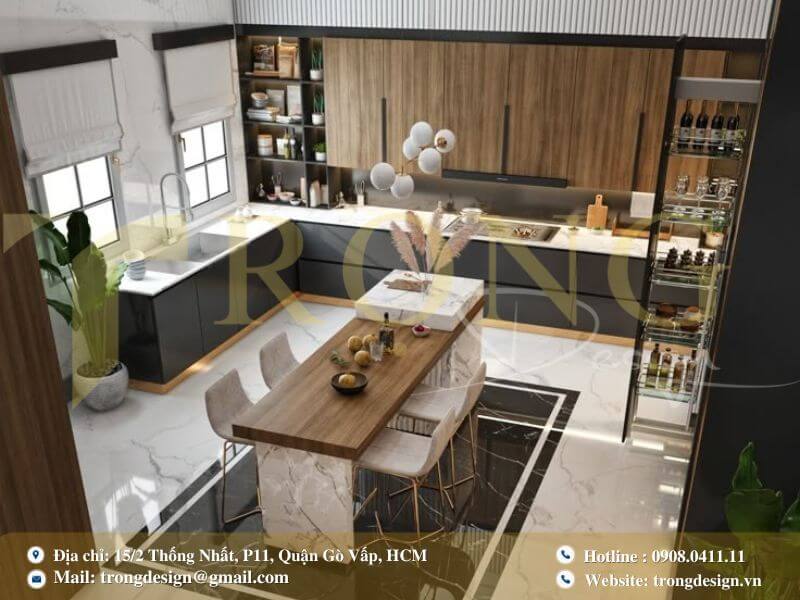 Bếp hiện đại sang trọng với tủ bếp gỗ sáng màu và mặt đá marble xám trắng.