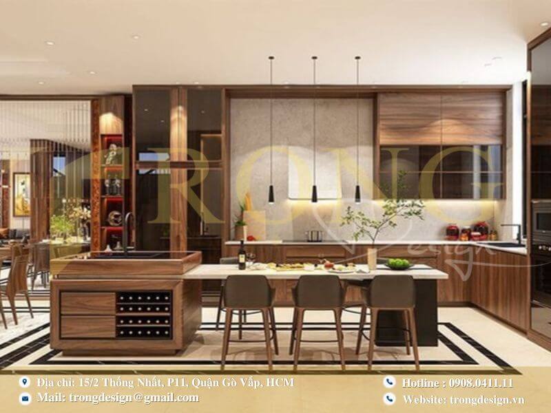Bếp hiện đại ấm cúng với tủ bếp đen gỗ sáng màu và đảo bếp kiêm quầy bar.