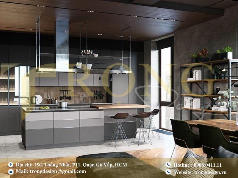 Bếp hiện đại tông đen với đảo bếp gỗ sáng màu và không gian mở