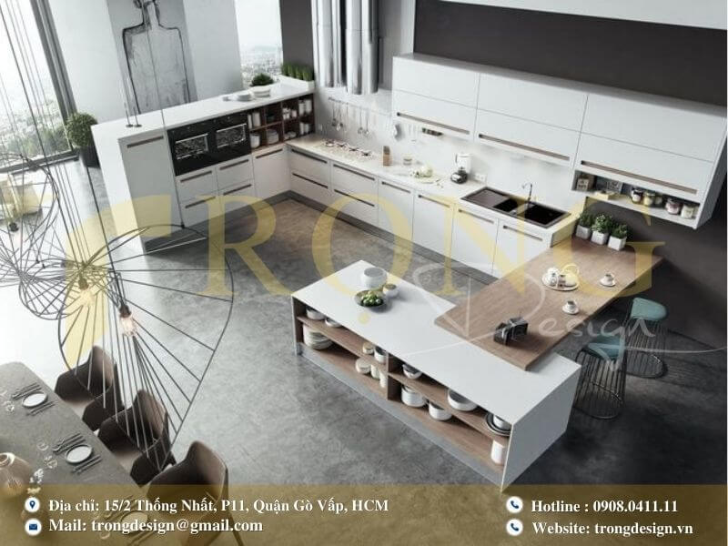 Bếp chữ U tối ưu hóa không gian và bố trí bàn ăn thông minh.