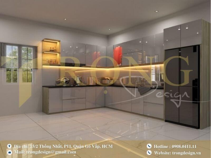 Bếp hiện đại với đảo bếp tích hợp bàn ăn và hệ thống đèn trang trí độc đáo.