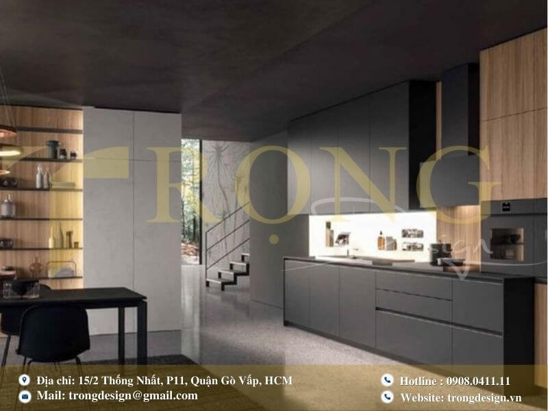 Phòng bếp đẳng cấp với tông màu xám và đen.