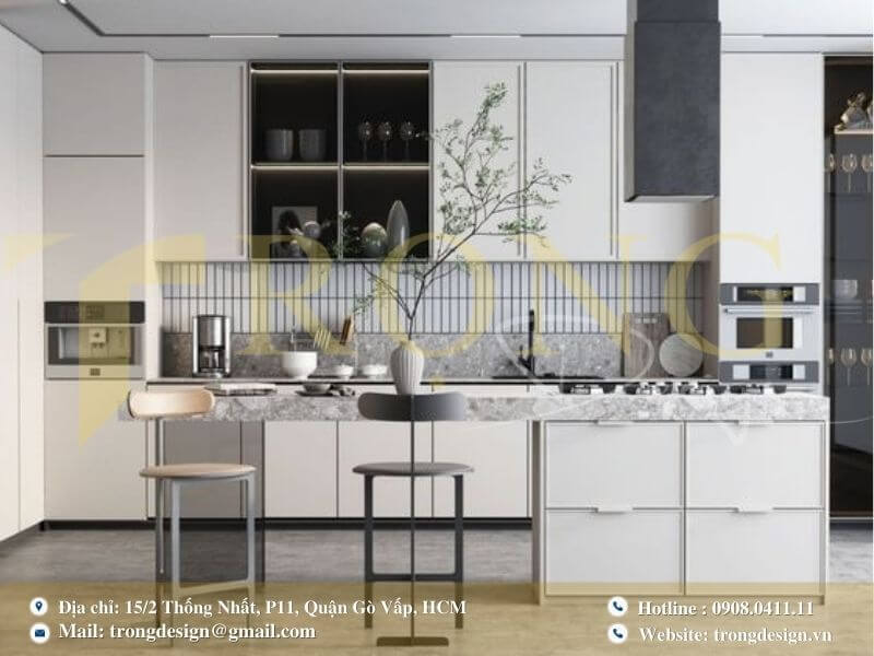 Bếp xanh đen cá tính, gạch ốp tương phản.