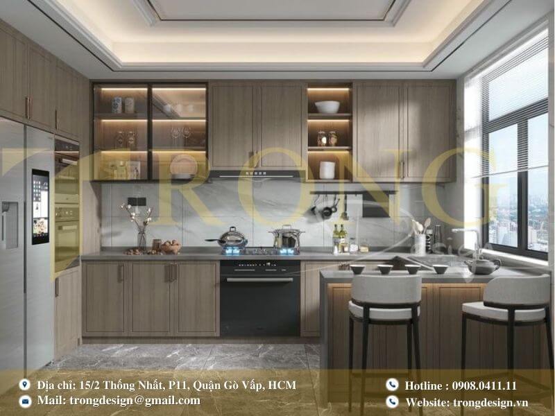 Bếp tối giản gỗ trắng, bàn ăn liền đảo bếp.