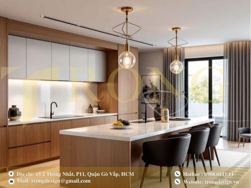Bếp độc đáo gỗ xám trắng, bàn ăn dài.