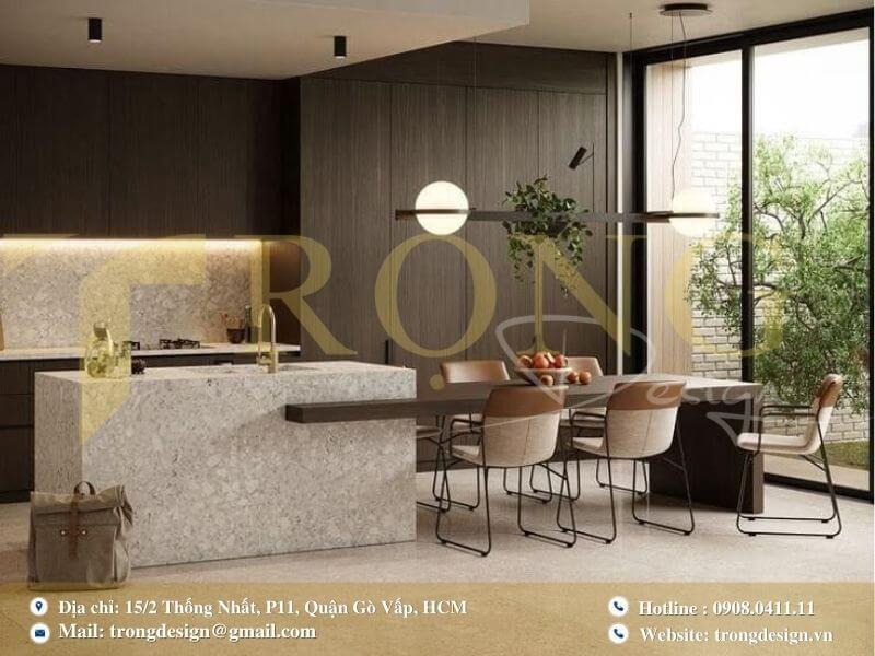 Phòng bếp hiện đại, sang trọng với gỗ tối màu.