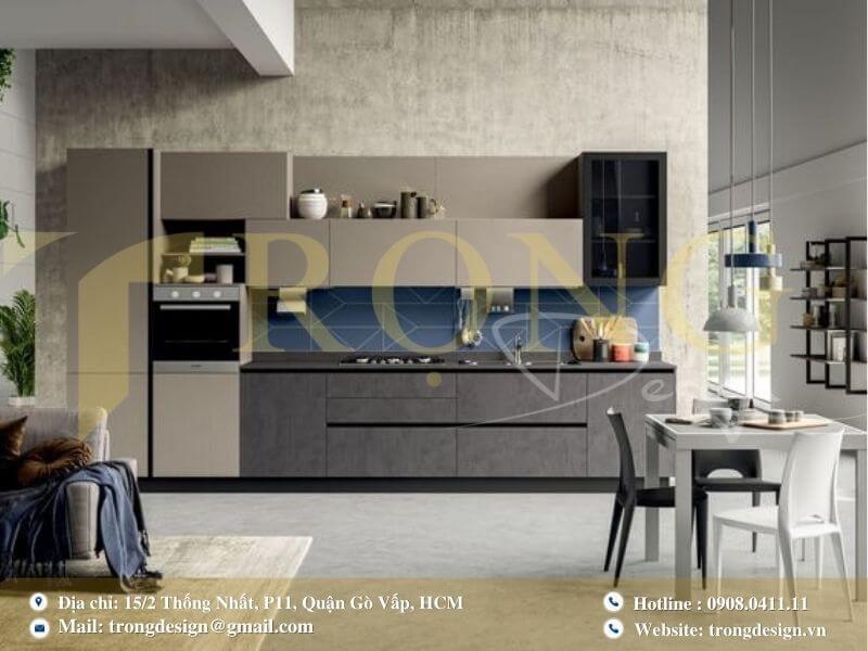 Bếp hiện đại, cá tính với tông màu xám đậm và thiết kế công nghiệp nhẹ.