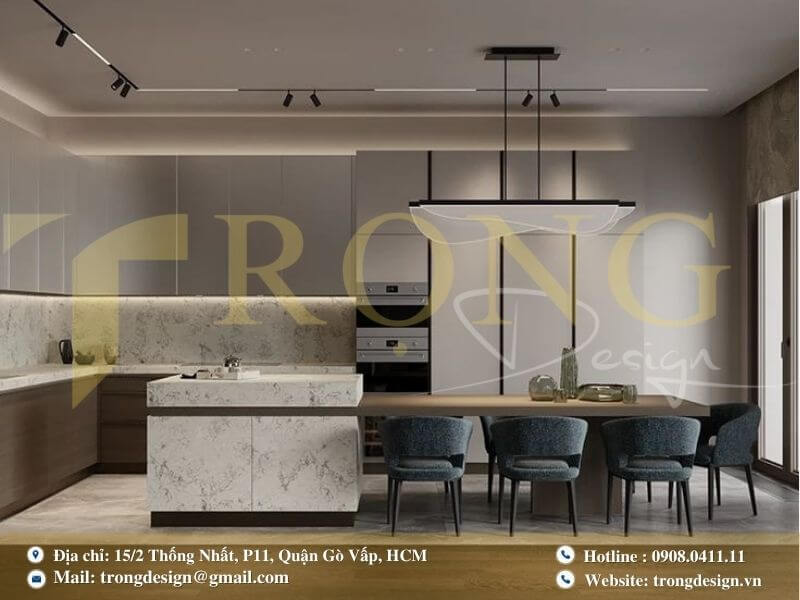 Bếp hiện đại, tươi sáng với tông màu trắng chủ đạo và không gian mở.