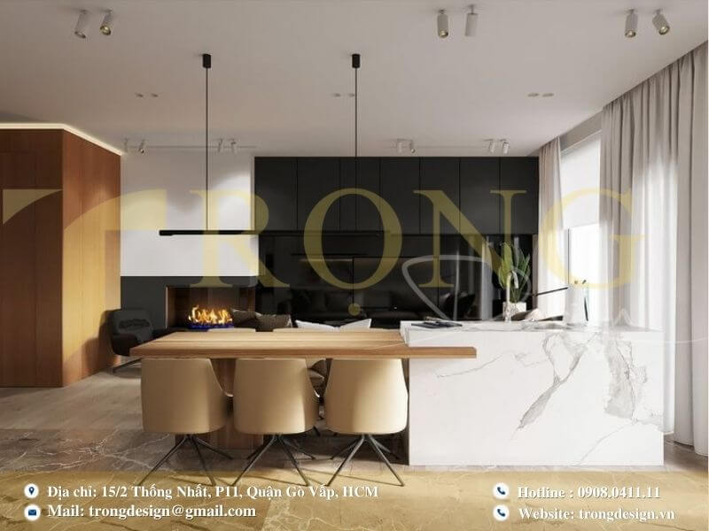 Bếp hiện đại, sang trọng với tông màu tối và điểm nhấn vàng đồng.