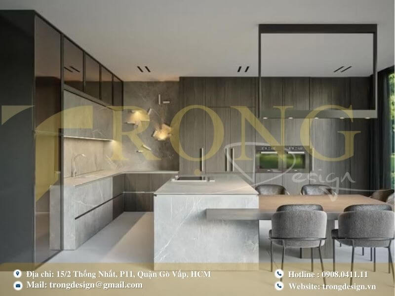 Bếp hiện đại, mạnh mẽ với tông màu đen và tích hợp tủ lạnh thông minh.