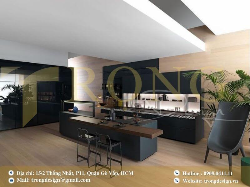 Bếp hiện đại, thanh lịch với tông màu xanh xám và điểm nhấn gỗ.