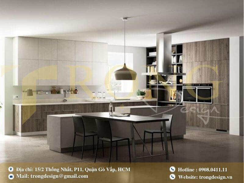 Bếp hiện đại, sang trọng với tông màu trắng và đá cẩm thạch cao cấp.