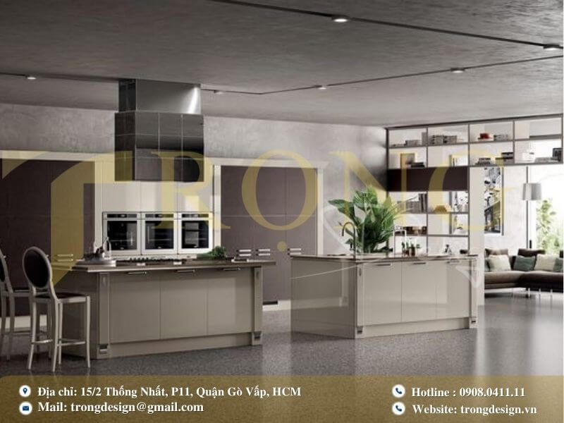 Bếp hiện đại, sang trọng với tông màu trắng và đá cẩm thạch.