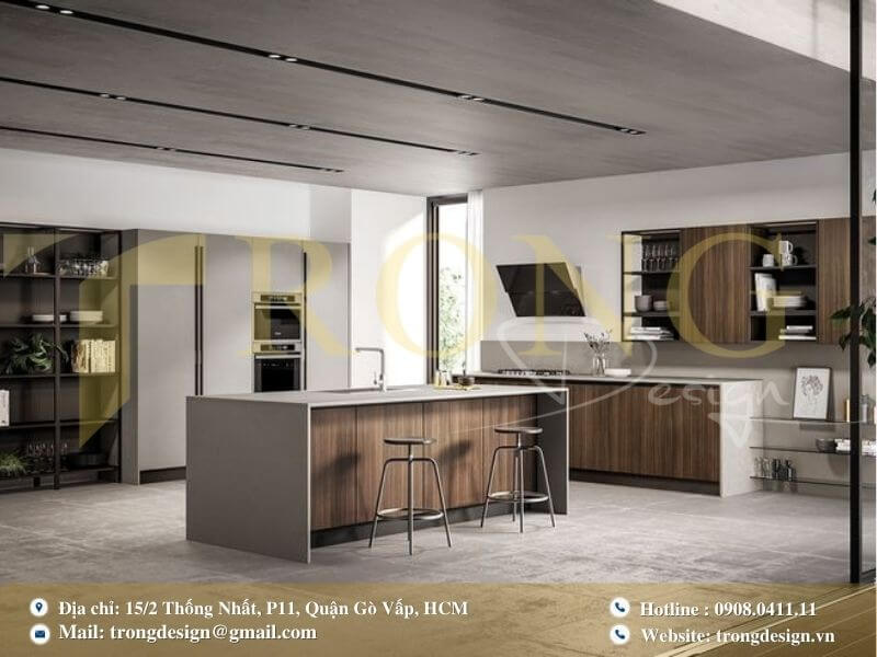 Bếp hiện đại, sang trọng với tông màu đen và gỗ óc chó ấn tượng.