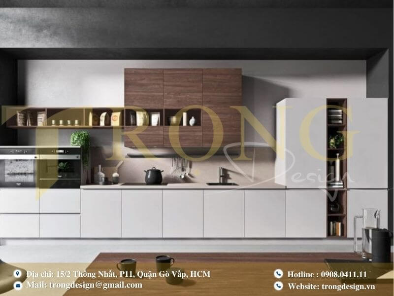 Bếp hiện đại, cá tính với tủ màu xanh đậm và thiết kế công nghiệp.