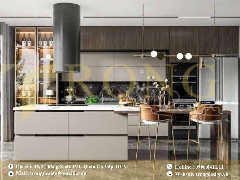 Phòng bếp hiện đại với sự phối hợp màu sắc hài hòa và thiết bị tiện nghi.
