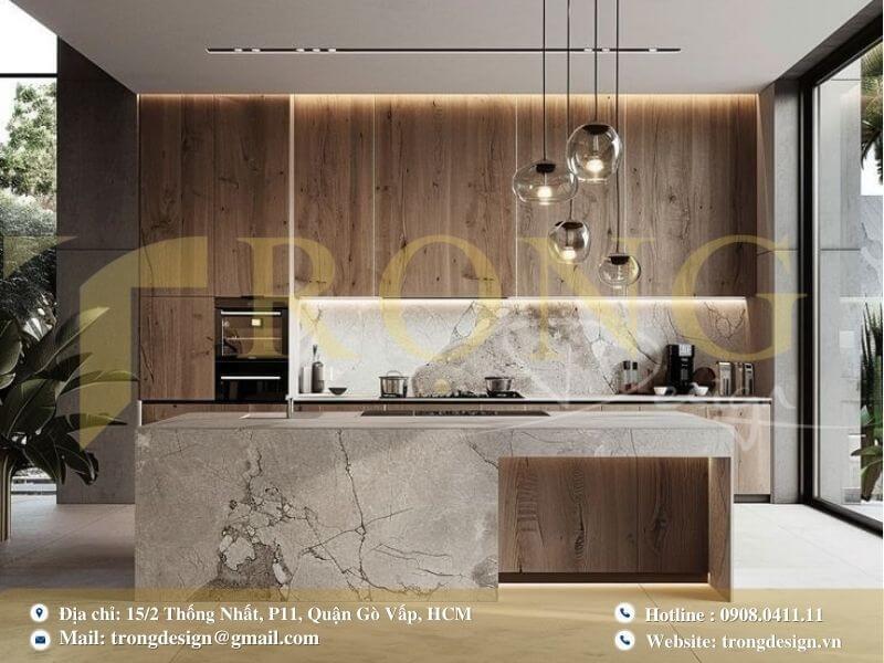 Phòng bếp ấm cúng và hiện đại với gỗ tự nhiên và ánh sáng tự nhiên.