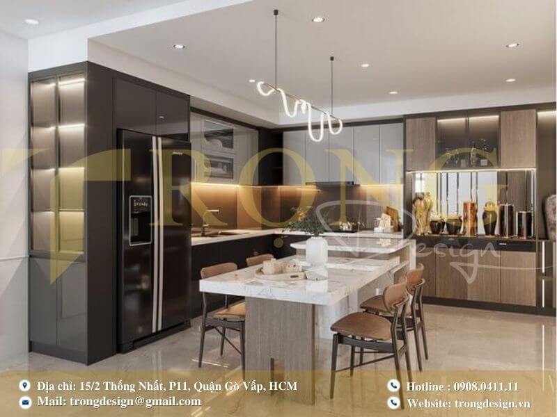Phòng bếp sang trọng, hiện đại với sự kết hợp màu sắc đa dạng và ánh sáng ấm áp.