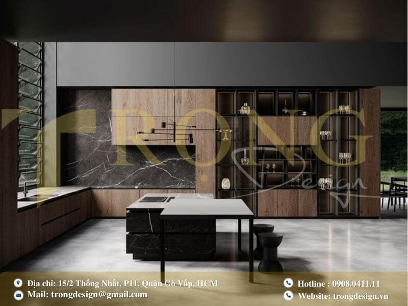 Phòng bếp sang trọng, ấn tượng với gỗ tự nhiên và ánh sáng tinh tế.