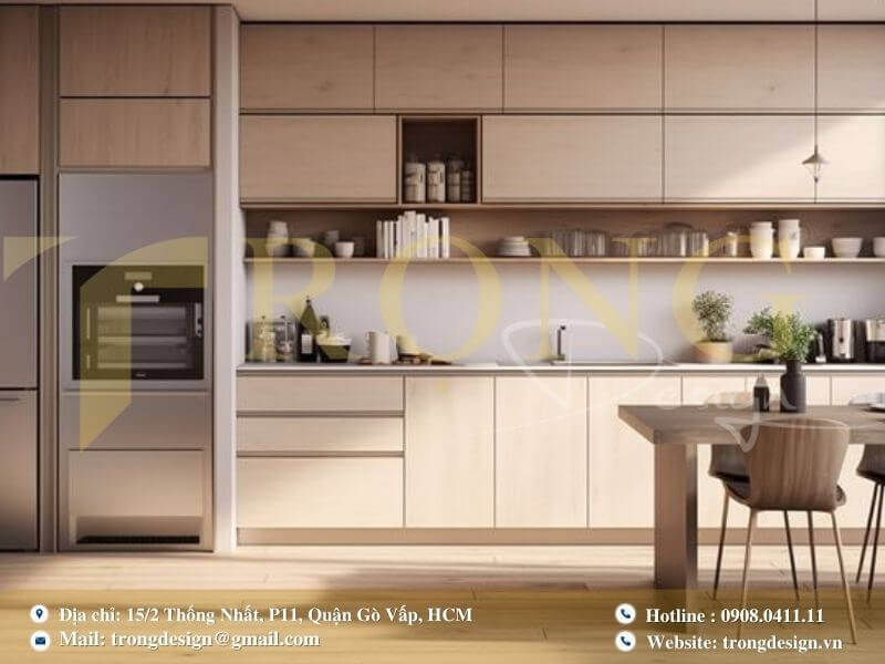 Bếp hiện đại, sang trọng với tông màu gỗ.