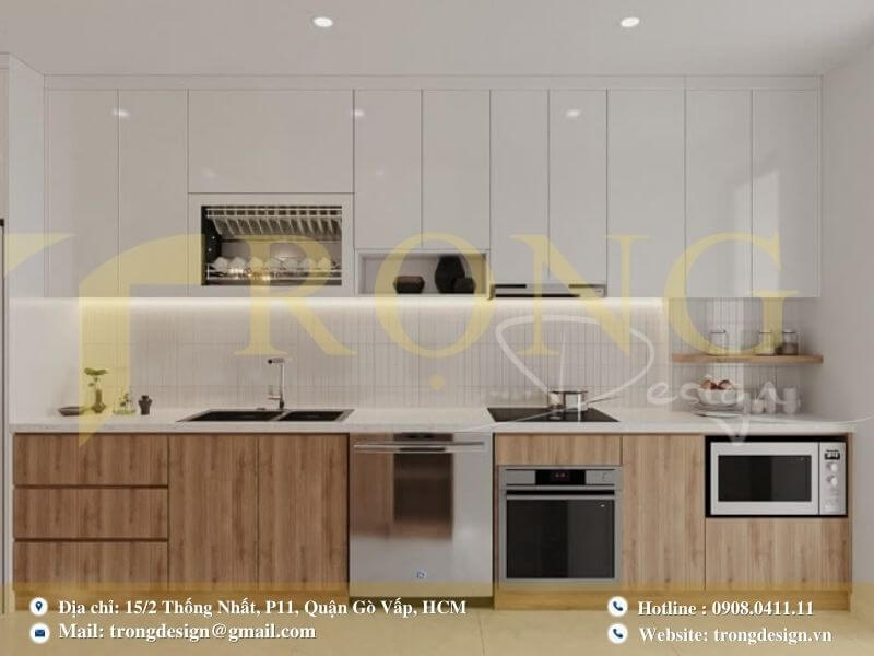 Bếp hiện đại, tối giản với tông màu trắng chủ đạo và sự tiện nghi.