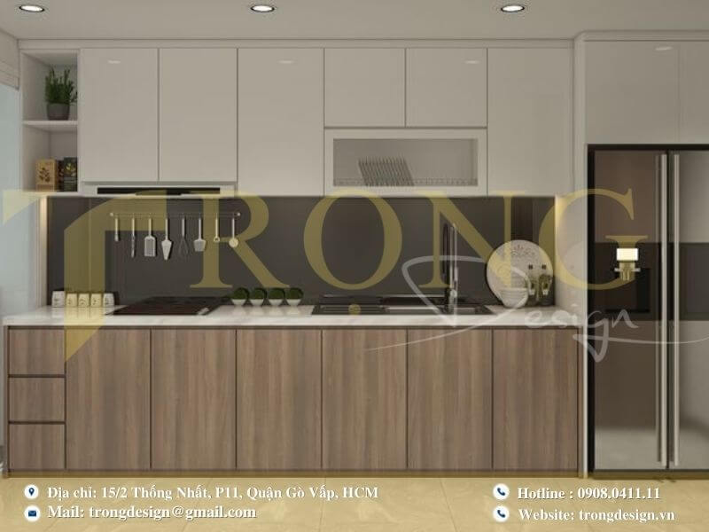 Bếp hiện đại, thanh lịch và điểm nhấn gỗ.