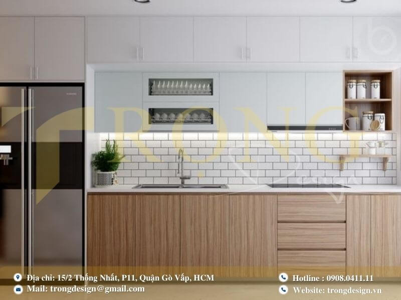Bếp phong cách công nghiệp hiện đại với tường gạch thô và thiết kế mạnh mẽ.