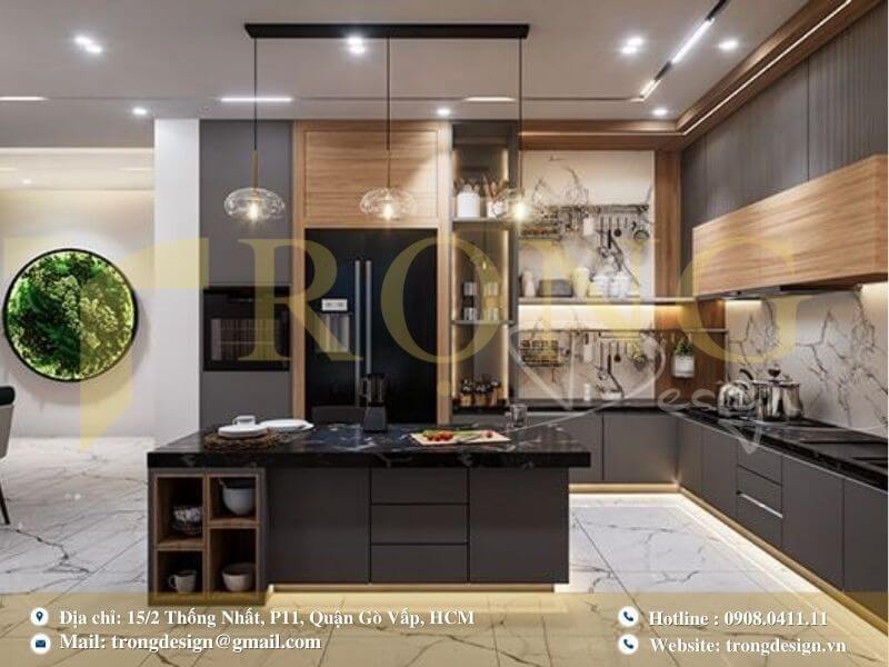 Bếp hiện đại, mạnh mẽ với tông màu xám đậm và thiết kế tinh tế.