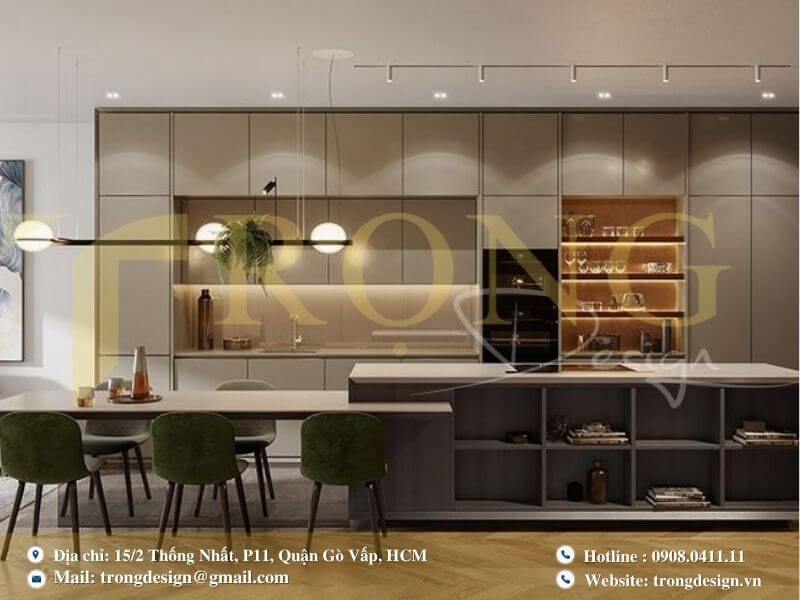 Bếp hiện đại, tối giản với đảo bếp lớn và không gian mở.