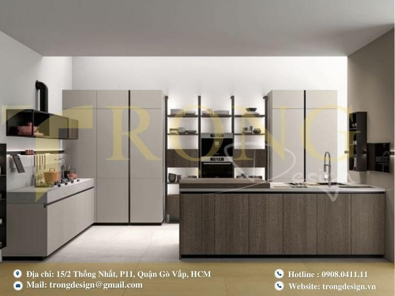Bếp hiện đại, ấm cúng với sự kết hợp hài hòa giữa màu xám và gỗ sáng.