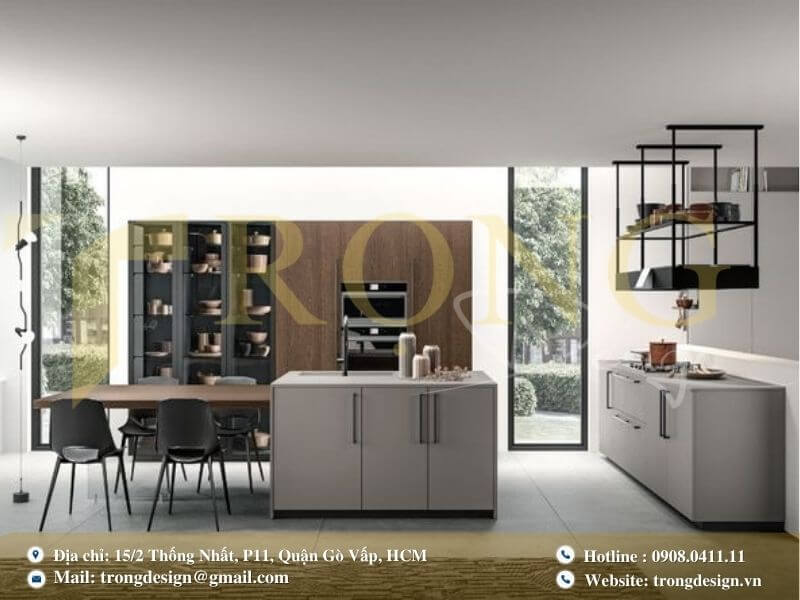 Bếp hiện đại, tối giản với đảo bếp lớn và tông màu trắng chủ đạo.