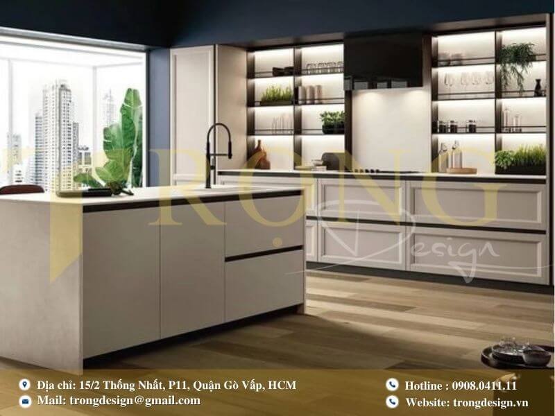 Bếp hiện đại, mạnh mẽ với tông màu xám đậm và thiết kế tinh tế.