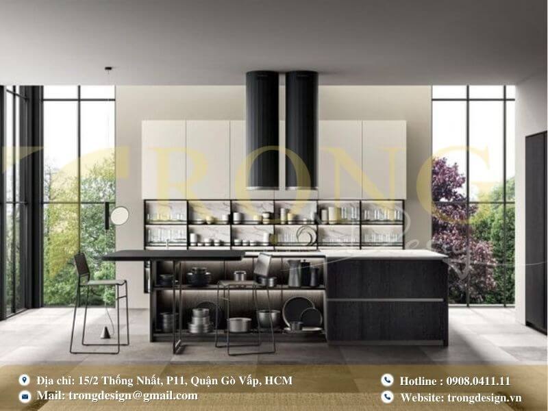 Bếp hiện đại, tối giản với đảo bếp lớn và không gian mở.