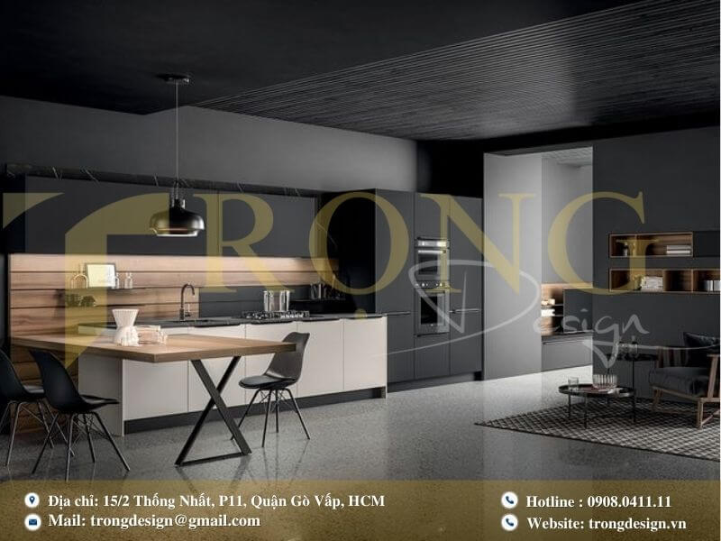 Bếp hiện đại, thanh lịch với tông màu xanh xám và điểm nhấn gỗ.