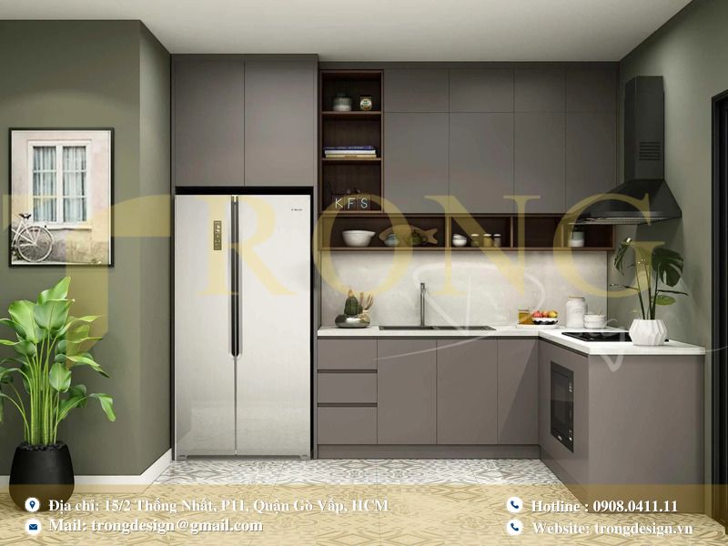 Mẫu bếp chữ L hiện đại, gam màu trung tính