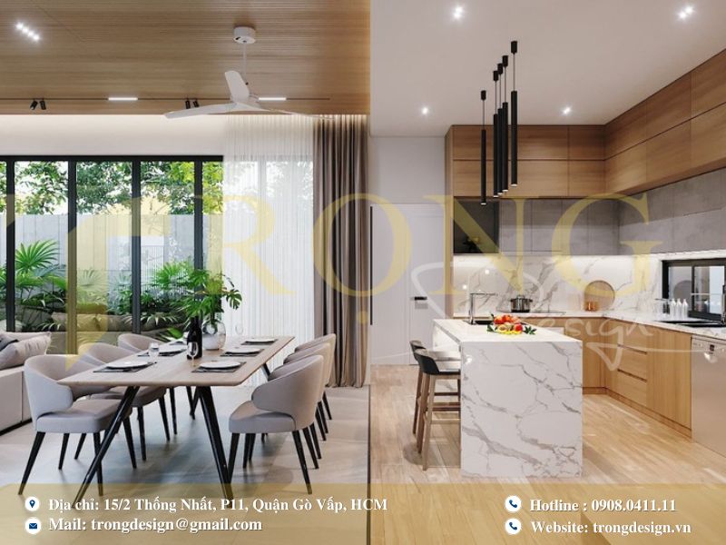 Mẫu bếp mở liên thông phòng khách